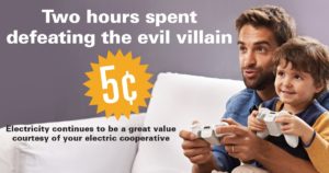 Picture of Dad and son playing video games. Text "2 Hours spend defeating evil villain - five cents.