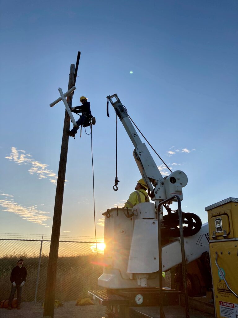 Linecrews conducting their pole top rescue training